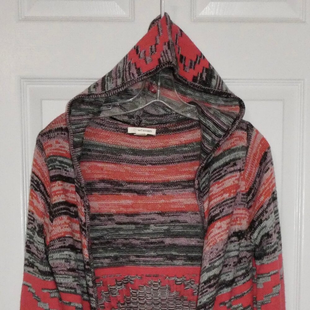 SELF ESTEEM ORANGE BLACK PINK HOODED HOODIE CARDIGAN LONG SWEATER JUNIOR MEDIUM